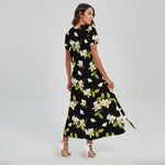 Vintage Plumeria Flower Pattern Print Short Sleeve Maxi Dress