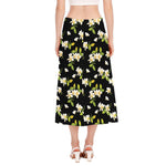 Vintage Plumeria Flower Pattern Print Side Slit Midi Skirt