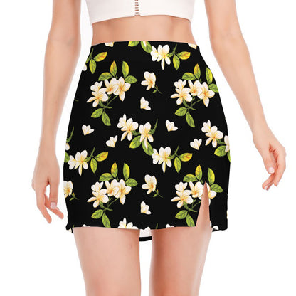 Vintage Plumeria Flower Pattern Print Side Slit Mini Skirt