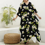 Vintage Plumeria Flower Pattern Print Silk V-Neck Kaftan Dress