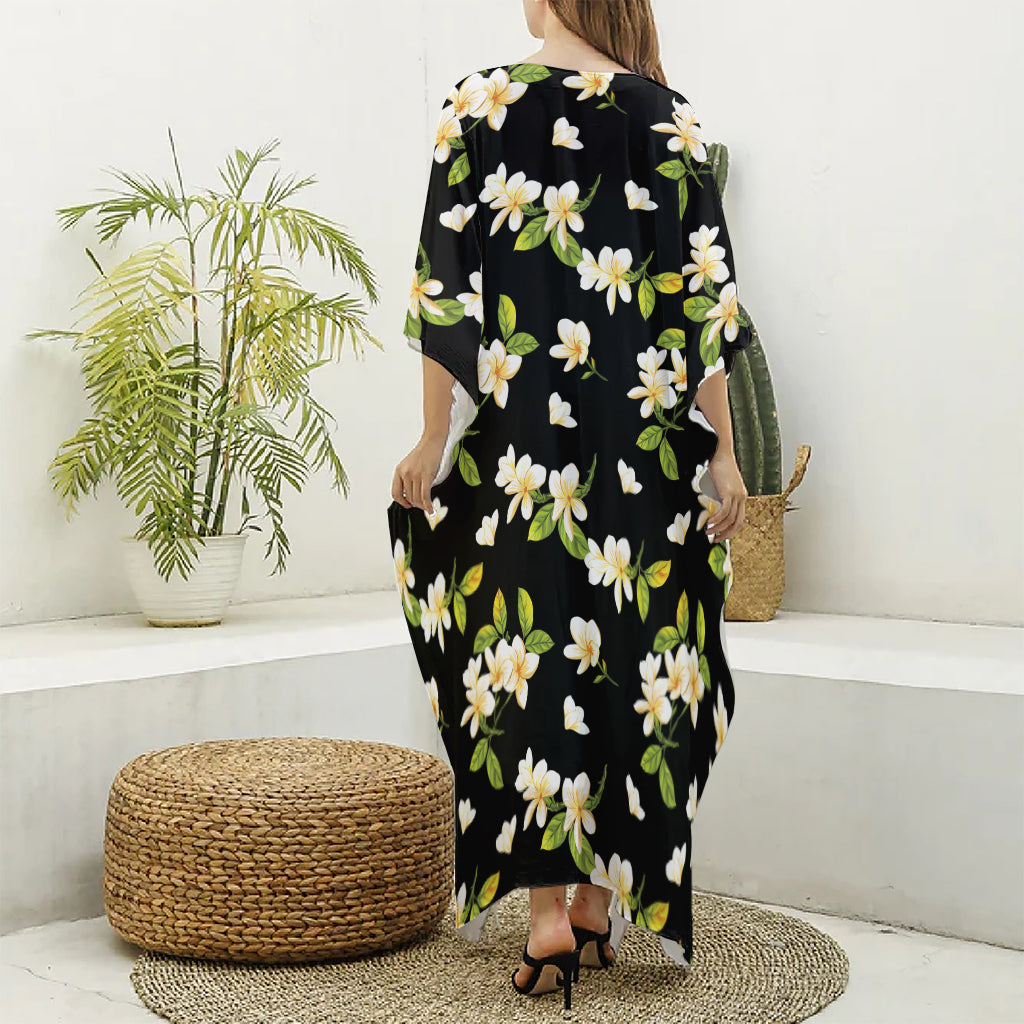 Vintage Plumeria Flower Pattern Print Silk V-Neck Kaftan Dress