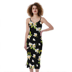 Vintage Plumeria Flower Pattern Print Slim Fit Midi Cami Dress