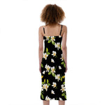 Vintage Plumeria Flower Pattern Print Slim Fit Midi Cami Dress
