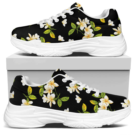 Vintage Plumeria Flower Pattern Print White Chunky Shoes