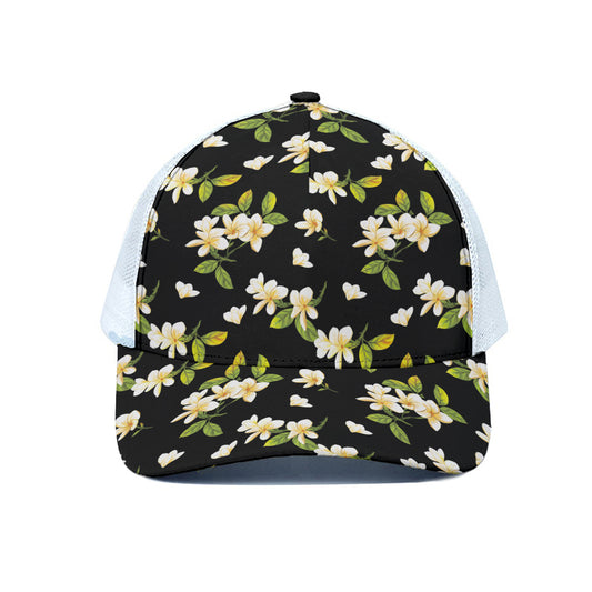 Vintage Plumeria Flower Pattern Print White Mesh Trucker Cap