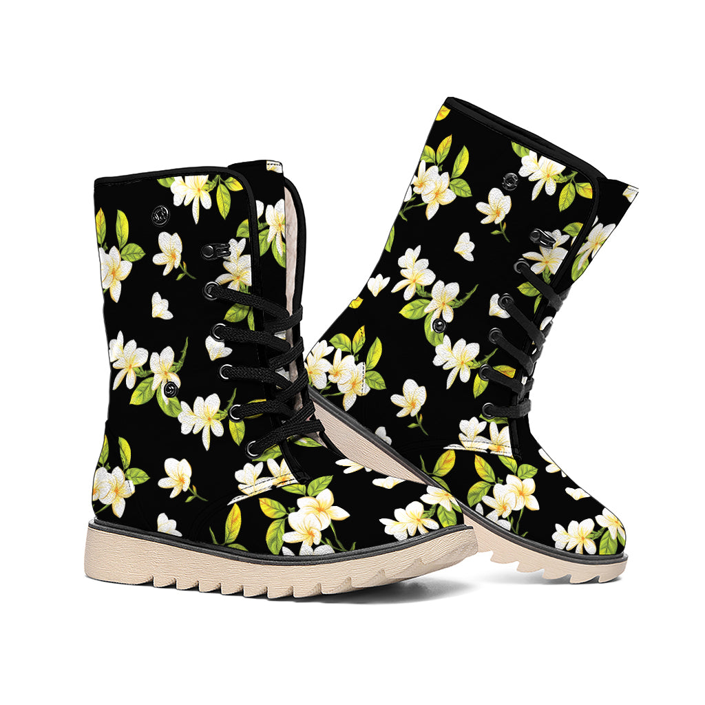 Vintage Plumeria Flower Pattern Print Winter Boots