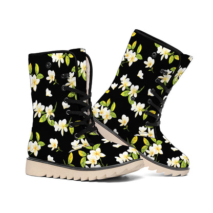 Vintage Plumeria Flower Pattern Print Winter Boots