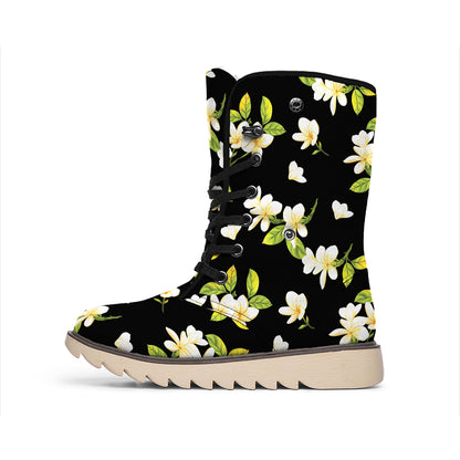 Vintage Plumeria Flower Pattern Print Winter Boots
