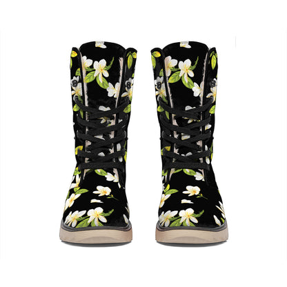 Vintage Plumeria Flower Pattern Print Winter Boots