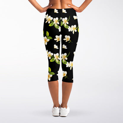 Vintage Plumeria Flower Pattern Print Women's Capri Leggings