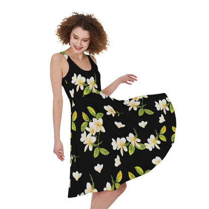 Vintage Plumeria Flower Pattern Print Women's Sleeveless Dress