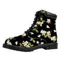 Vintage Plumeria Flower Pattern Print Padded Collar Lace Up Boots
