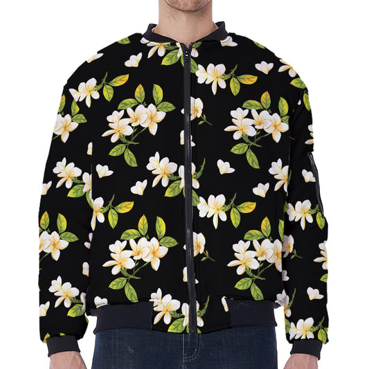 Vintage Plumeria Flower Pattern Print Zip Sleeve Bomber Jacket