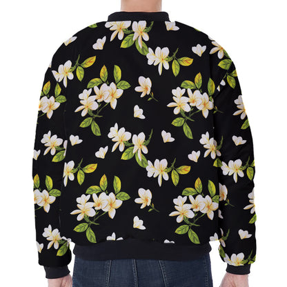 Vintage Plumeria Flower Pattern Print Zip Sleeve Bomber Jacket