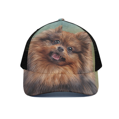Vintage Pomeranian Portrait Black Mesh Trucker Cap