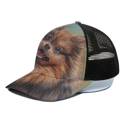 Vintage Pomeranian Portrait Black Mesh Trucker Cap