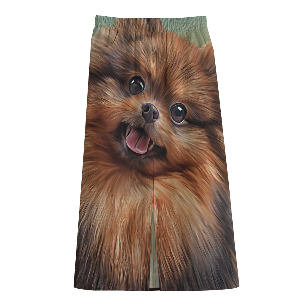 Vintage Pomeranian Portrait Cotton Front Slit Maxi Skirt