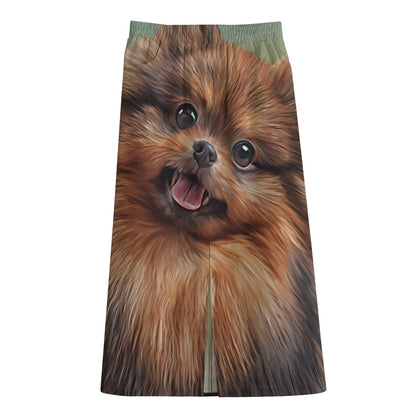 Vintage Pomeranian Portrait Cotton Front Slit Maxi Skirt