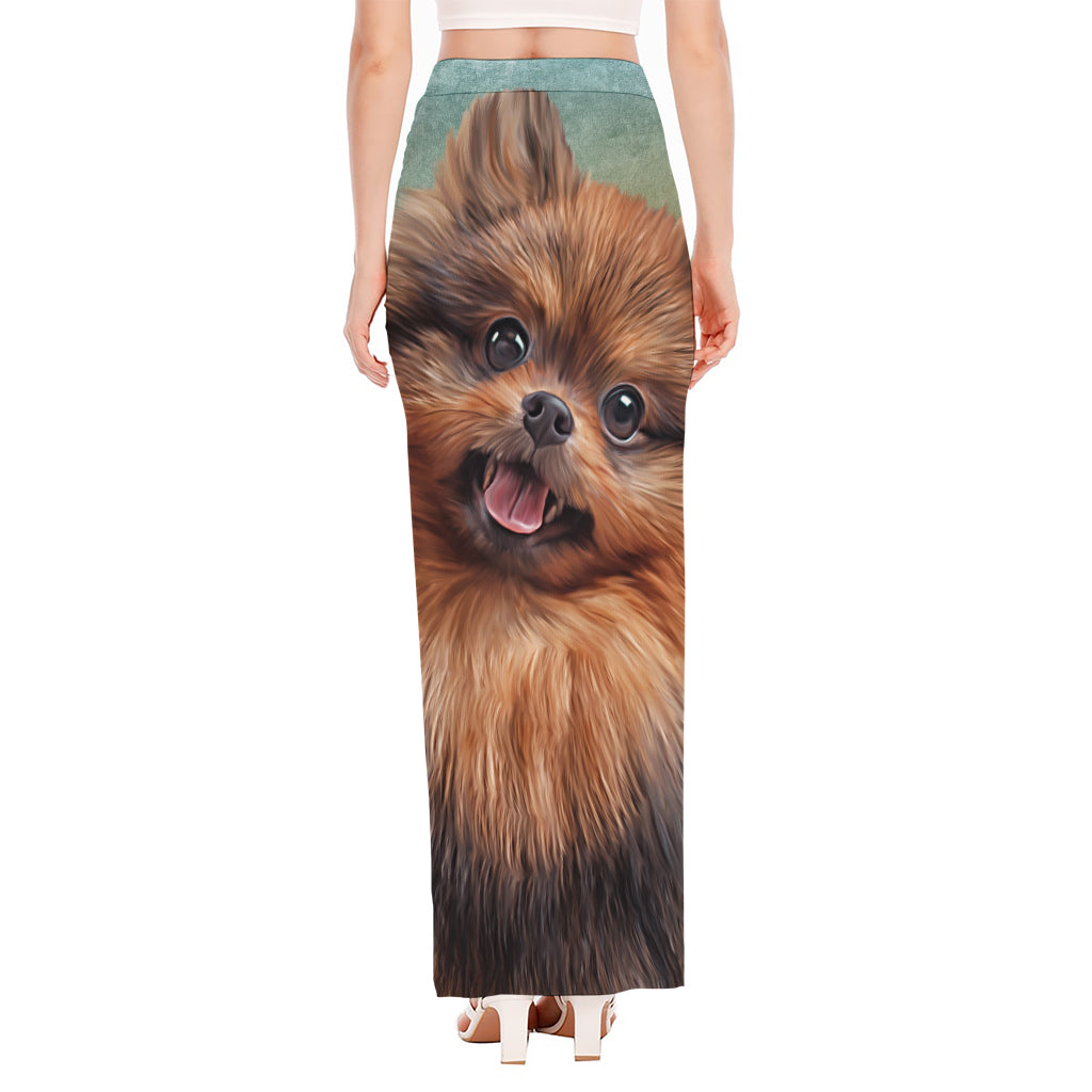 Vintage Pomeranian Portrait High Slit Maxi Skirt