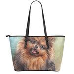 Vintage Pomeranian Portrait Leather Tote Bag