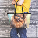 Vintage Pomeranian Portrait Leather Tote Bag