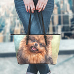 Vintage Pomeranian Portrait Leather Tote Bag