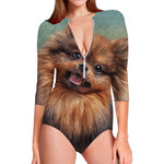 Vintage Pomeranian Portrait Long Sleeve Swimsuit