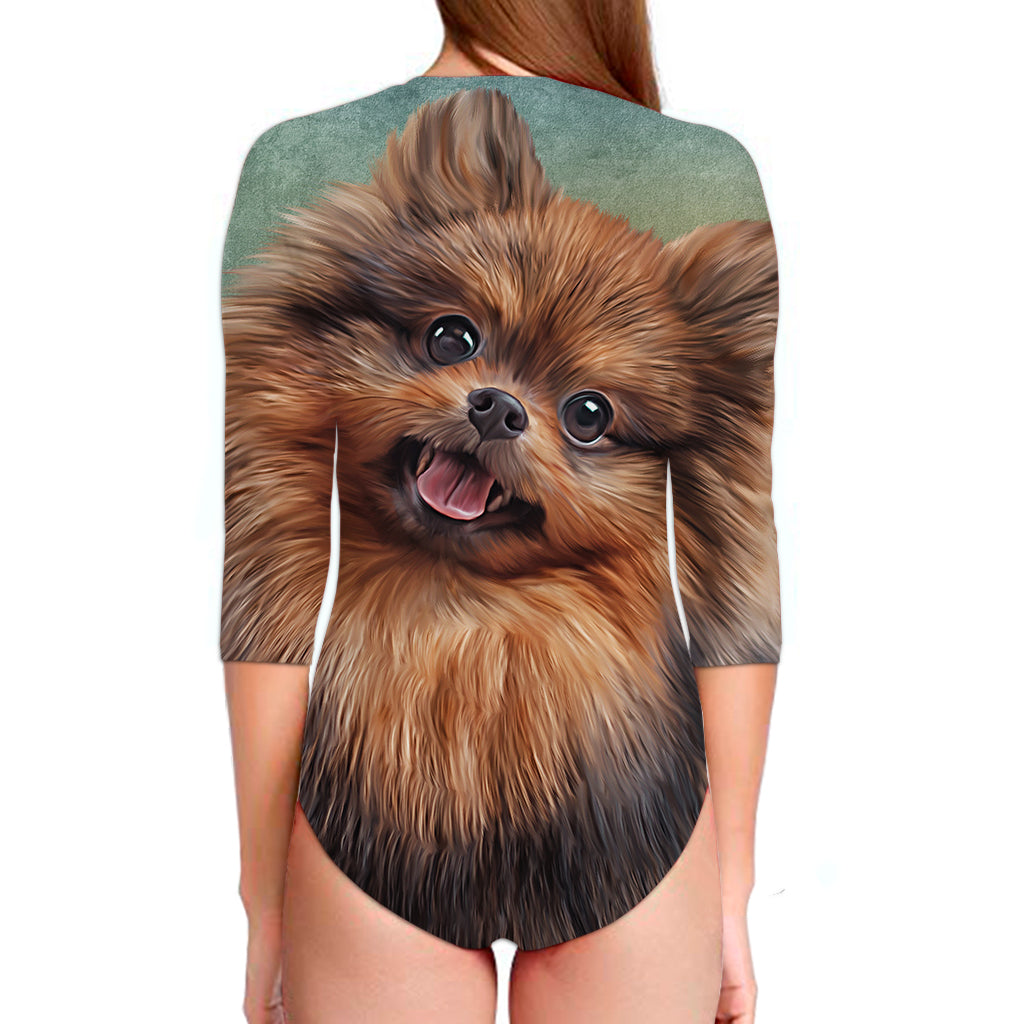 Vintage Pomeranian Portrait Long Sleeve Swimsuit