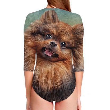 Vintage Pomeranian Portrait Long Sleeve Swimsuit