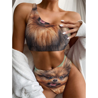 Vintage Pomeranian Portrait One Shoulder Bikini Top