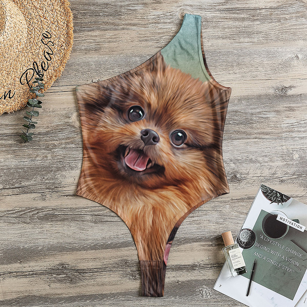 Vintage Pomeranian Portrait One Shoulder Bodysuit