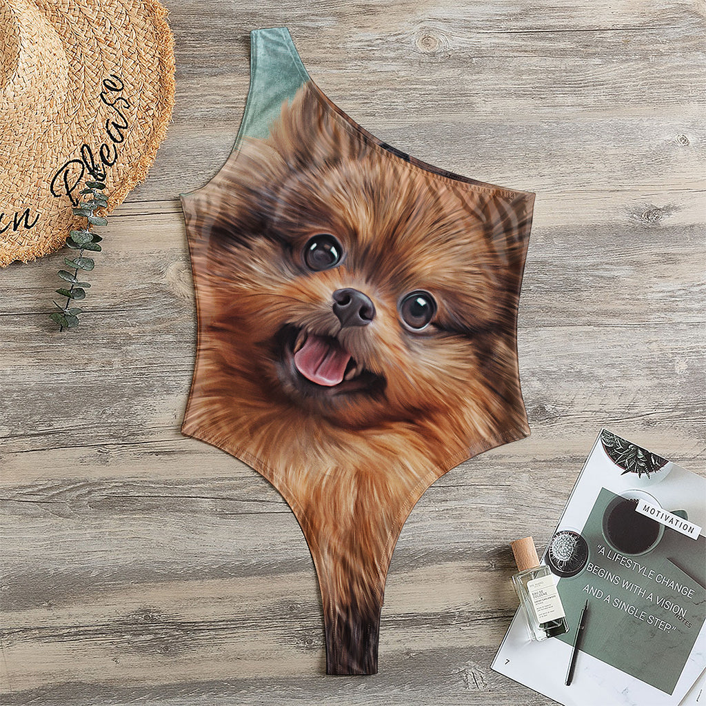 Vintage Pomeranian Portrait One Shoulder Bodysuit
