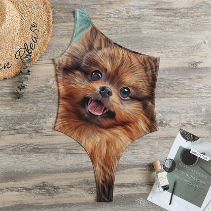 Vintage Pomeranian Portrait One Shoulder Bodysuit