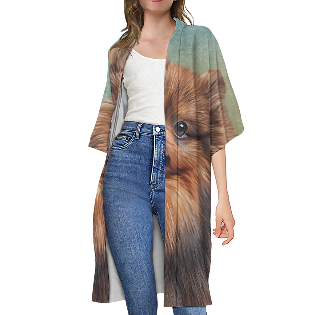 Vintage Pomeranian Portrait Open Front Beach Cover Up