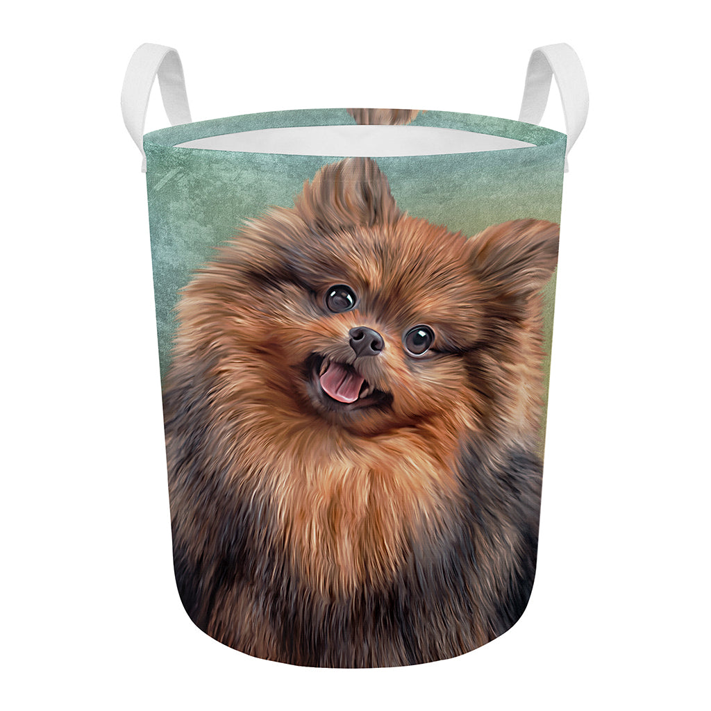 Vintage Pomeranian Portrait Round Laundry Basket