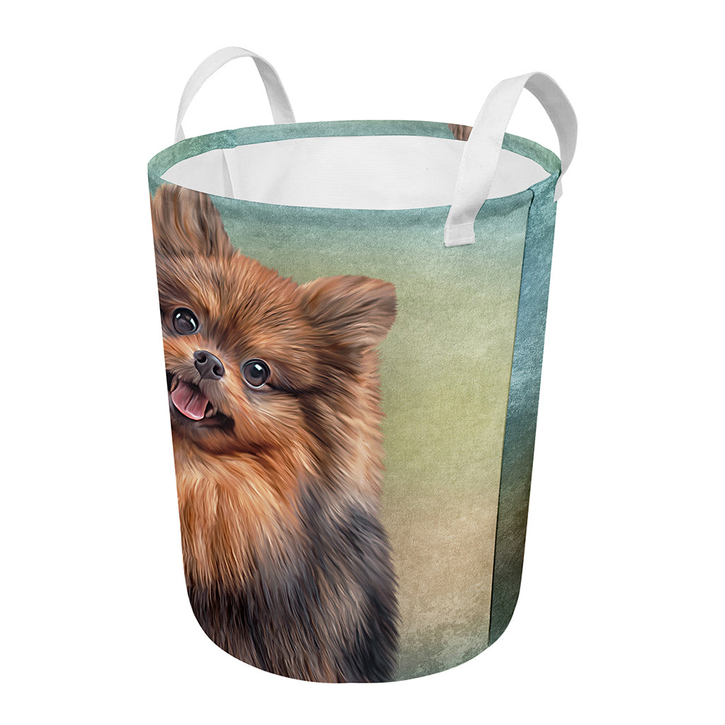 Vintage Pomeranian Portrait Round Laundry Basket