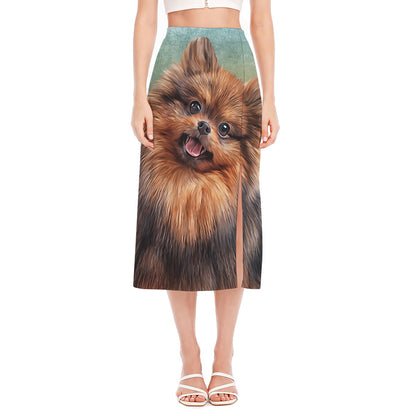 Vintage Pomeranian Portrait Side Slit Midi Skirt