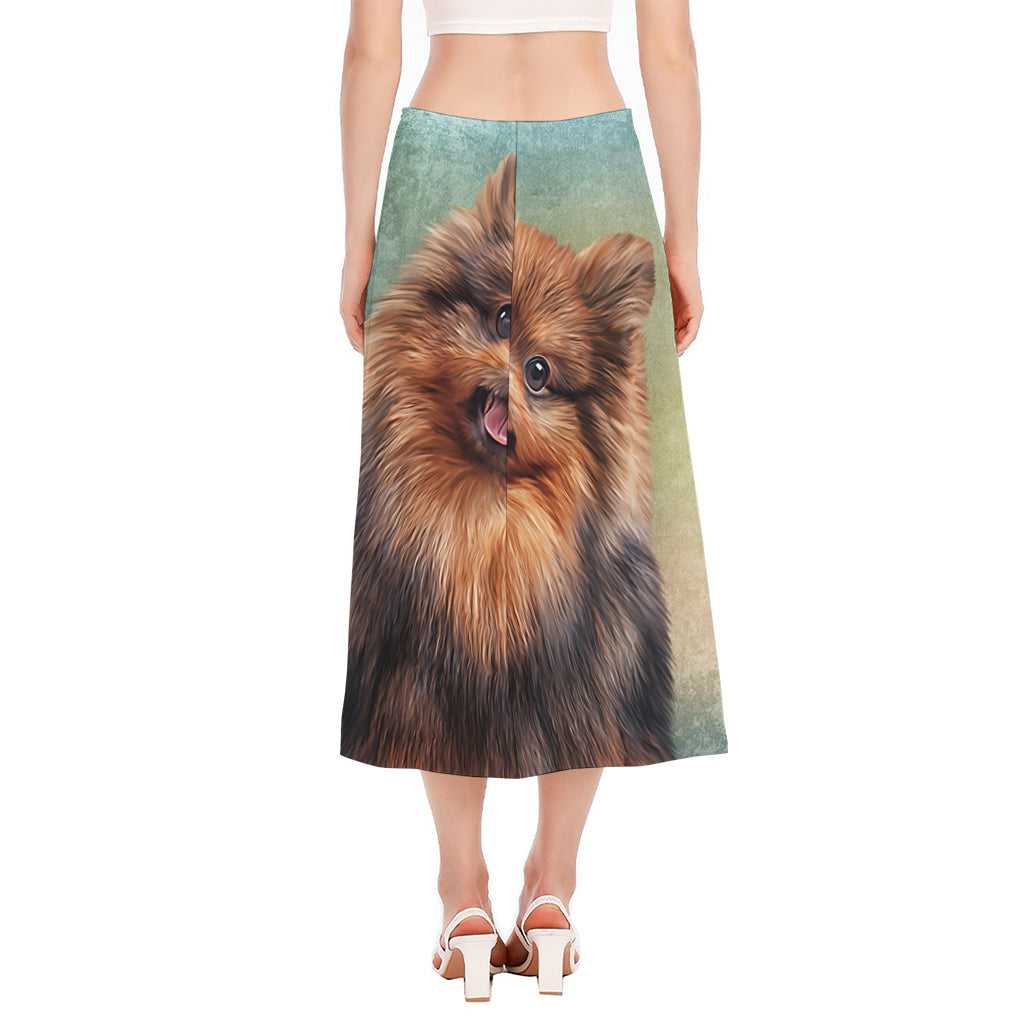 Vintage Pomeranian Portrait Side Slit Midi Skirt