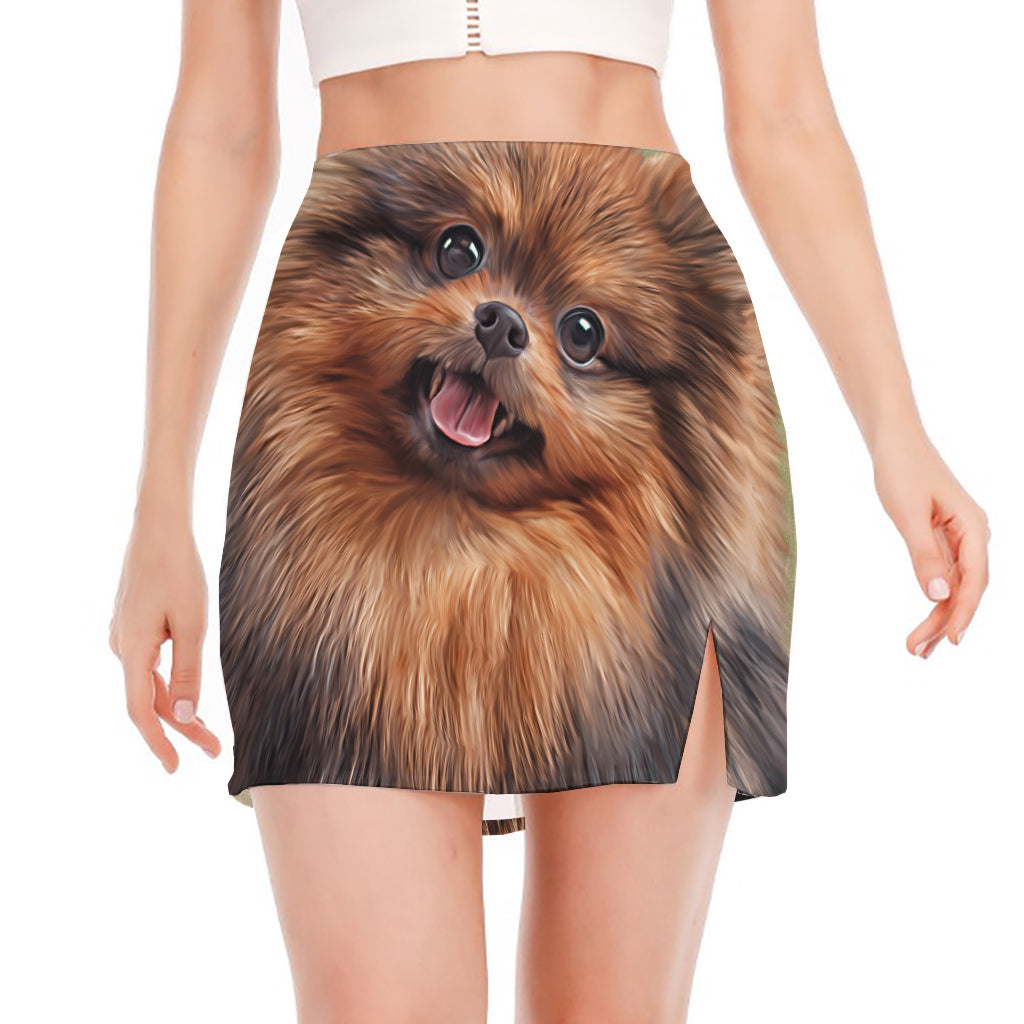 Vintage Pomeranian Portrait Side Slit Mini Skirt