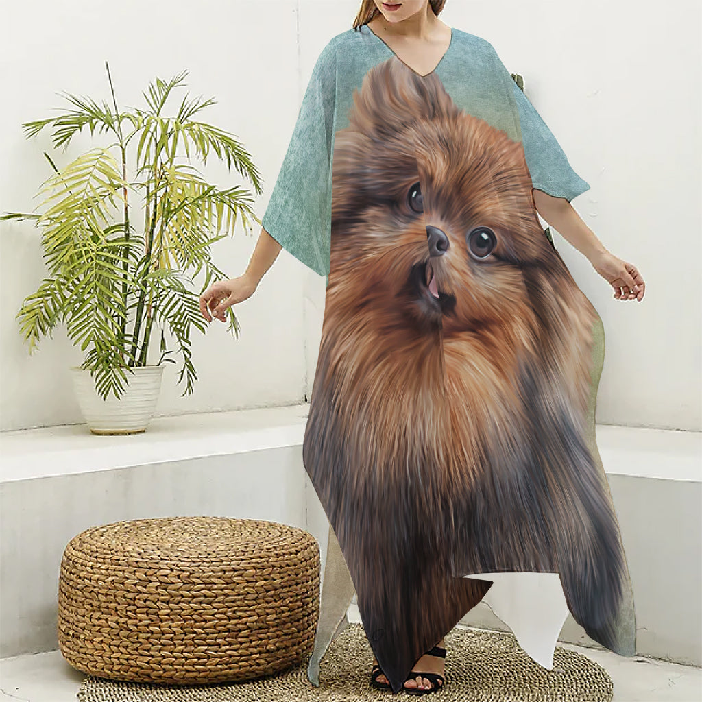 Vintage Pomeranian Portrait Silk V-Neck Kaftan Dress