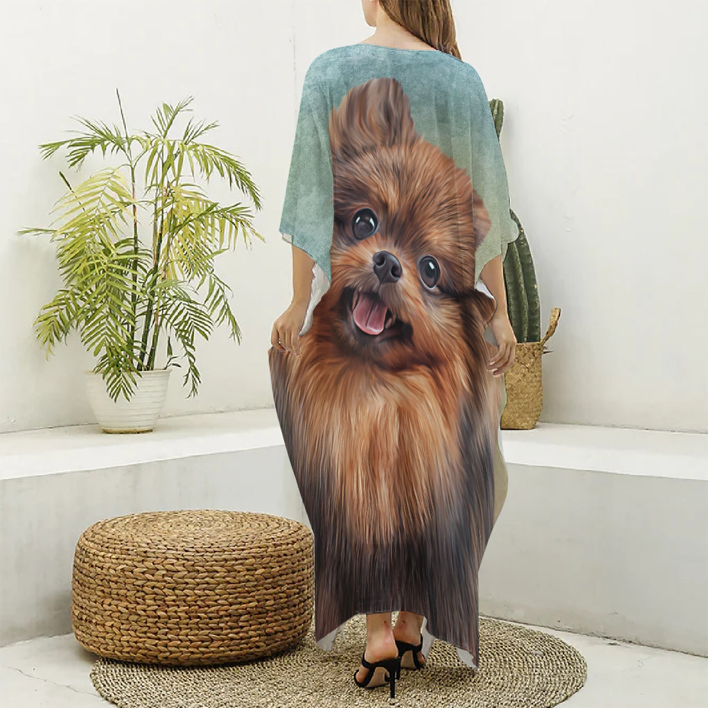 Vintage Pomeranian Portrait Silk V-Neck Kaftan Dress