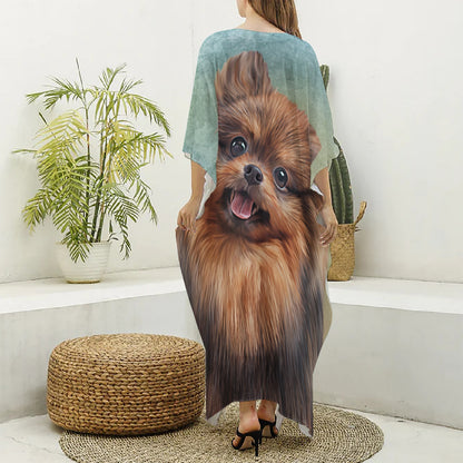 Vintage Pomeranian Portrait Silk V-Neck Kaftan Dress