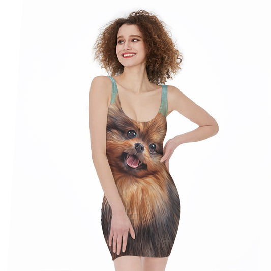 Vintage Pomeranian Portrait Sleeveless Bodycon Dress
