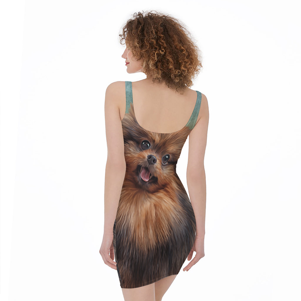 Vintage Pomeranian Portrait Sleeveless Bodycon Dress
