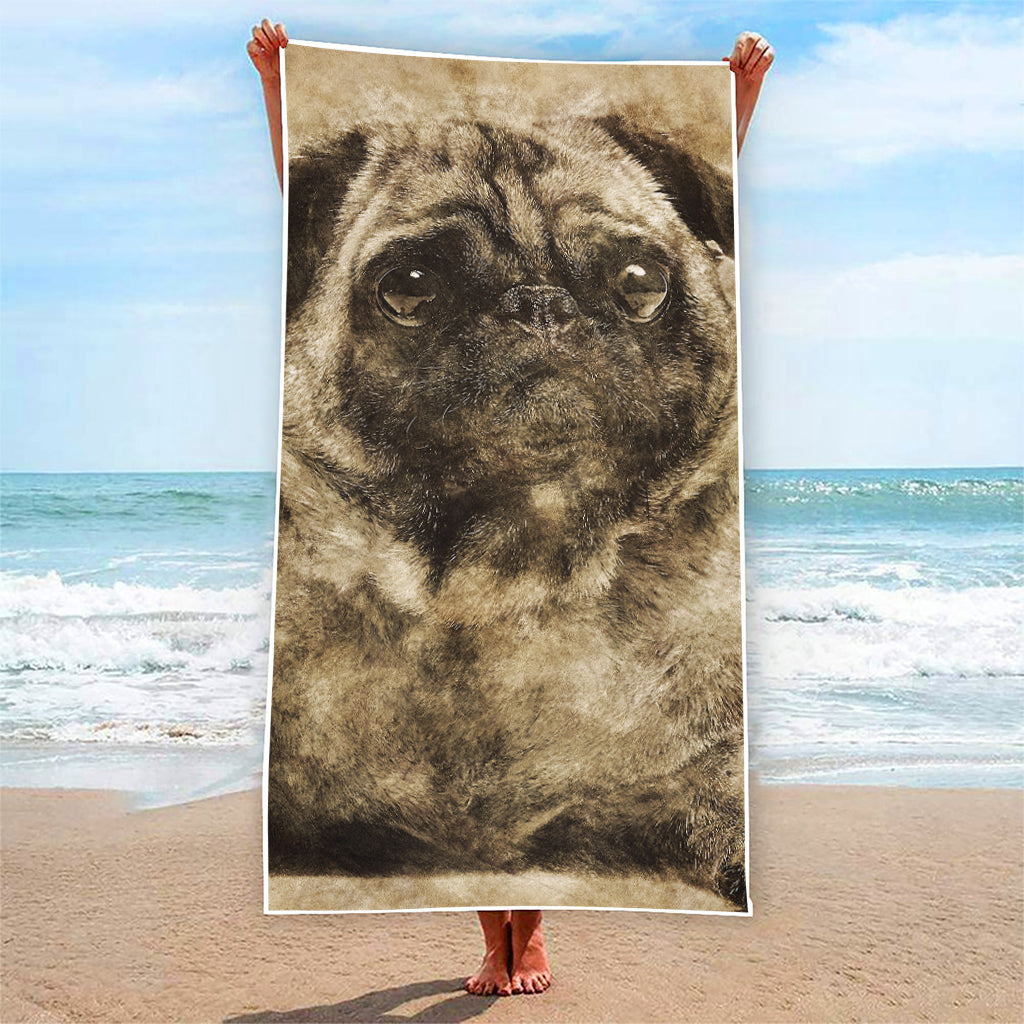 Vintage Pug Portrait Print Beach Towel