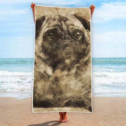 Vintage Pug Portrait Print Beach Towel