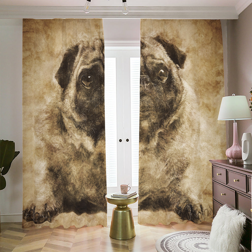 Vintage Pug Portrait Print Blackout Pencil Pleat Curtains
