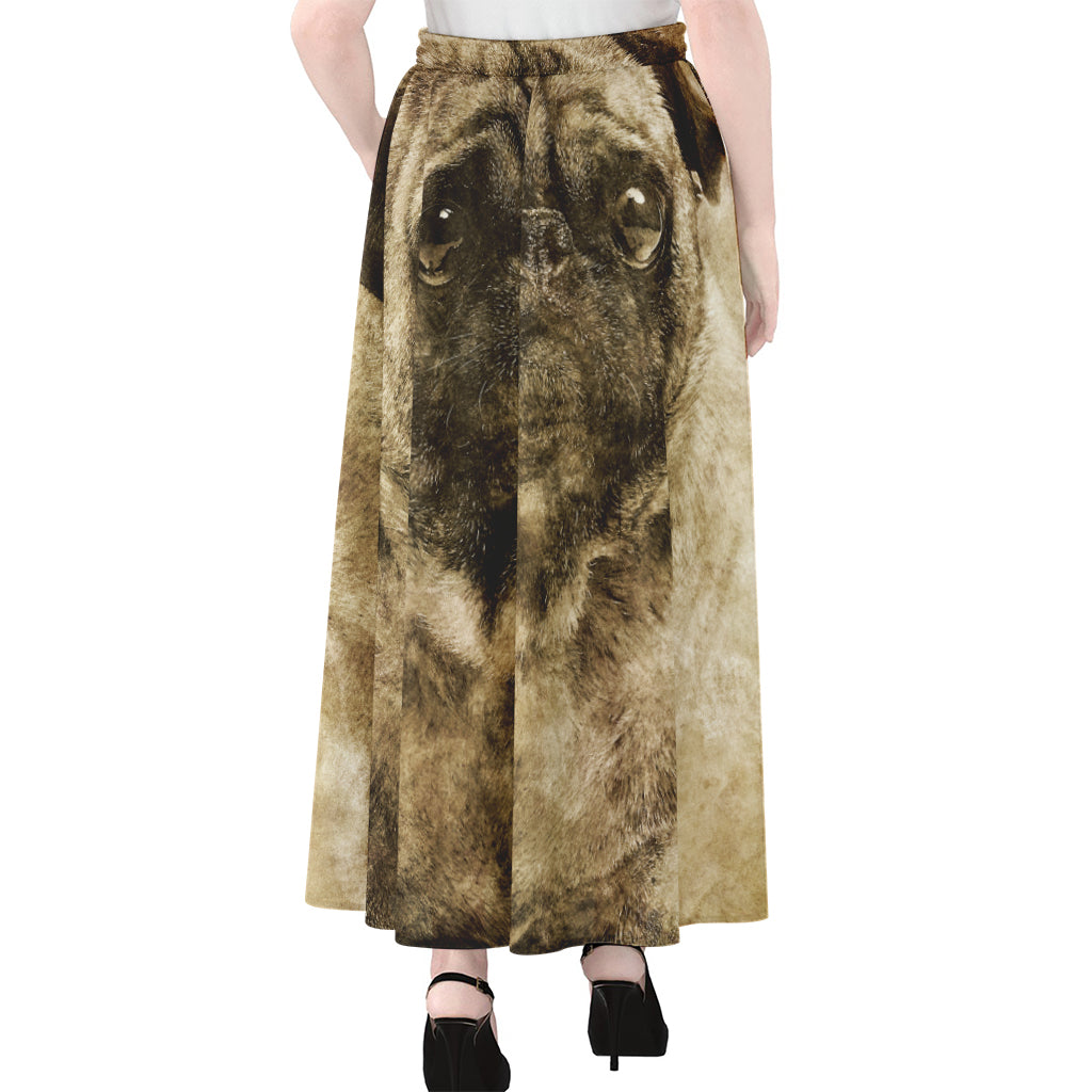 Vintage Pug Portrait Print Chiffon Maxi Skirt