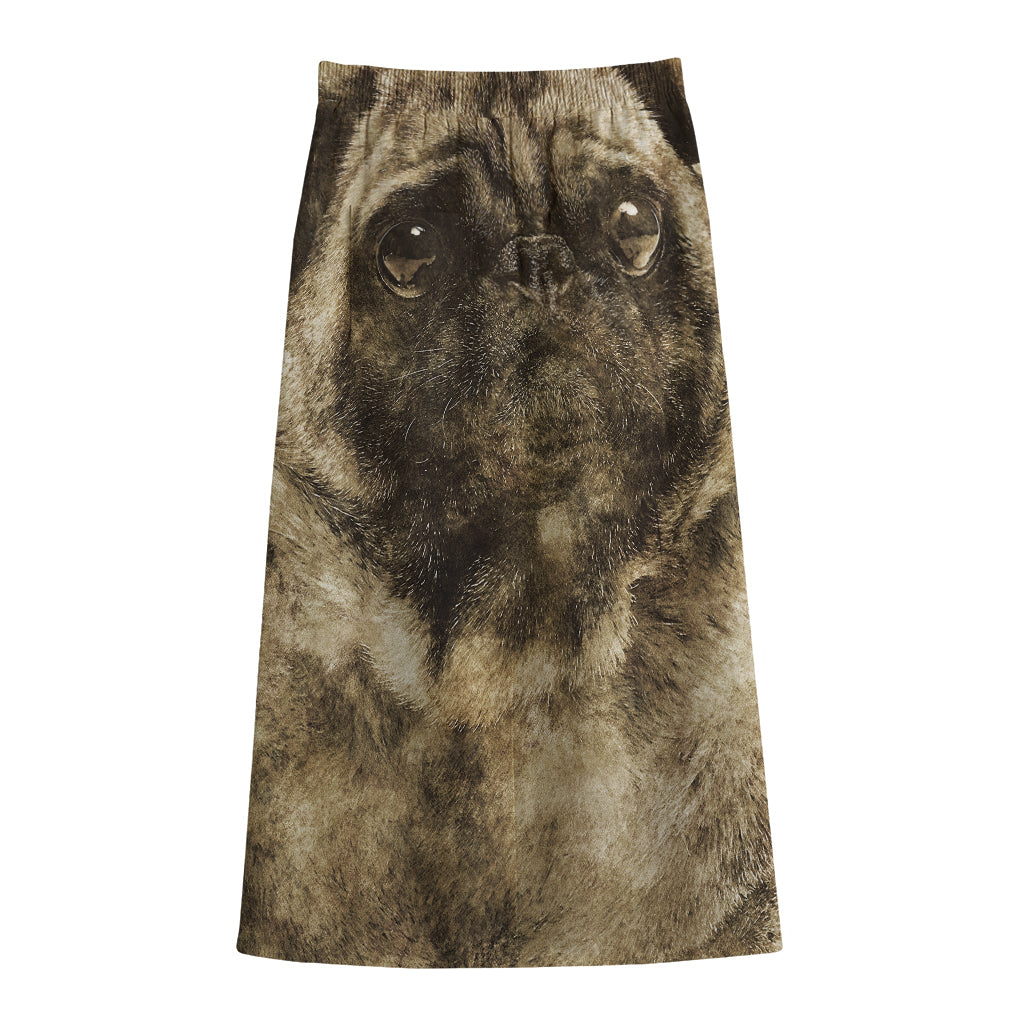 Vintage Pug Portrait Print Cotton Front Slit Maxi Skirt