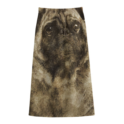Vintage Pug Portrait Print Cotton Front Slit Maxi Skirt
